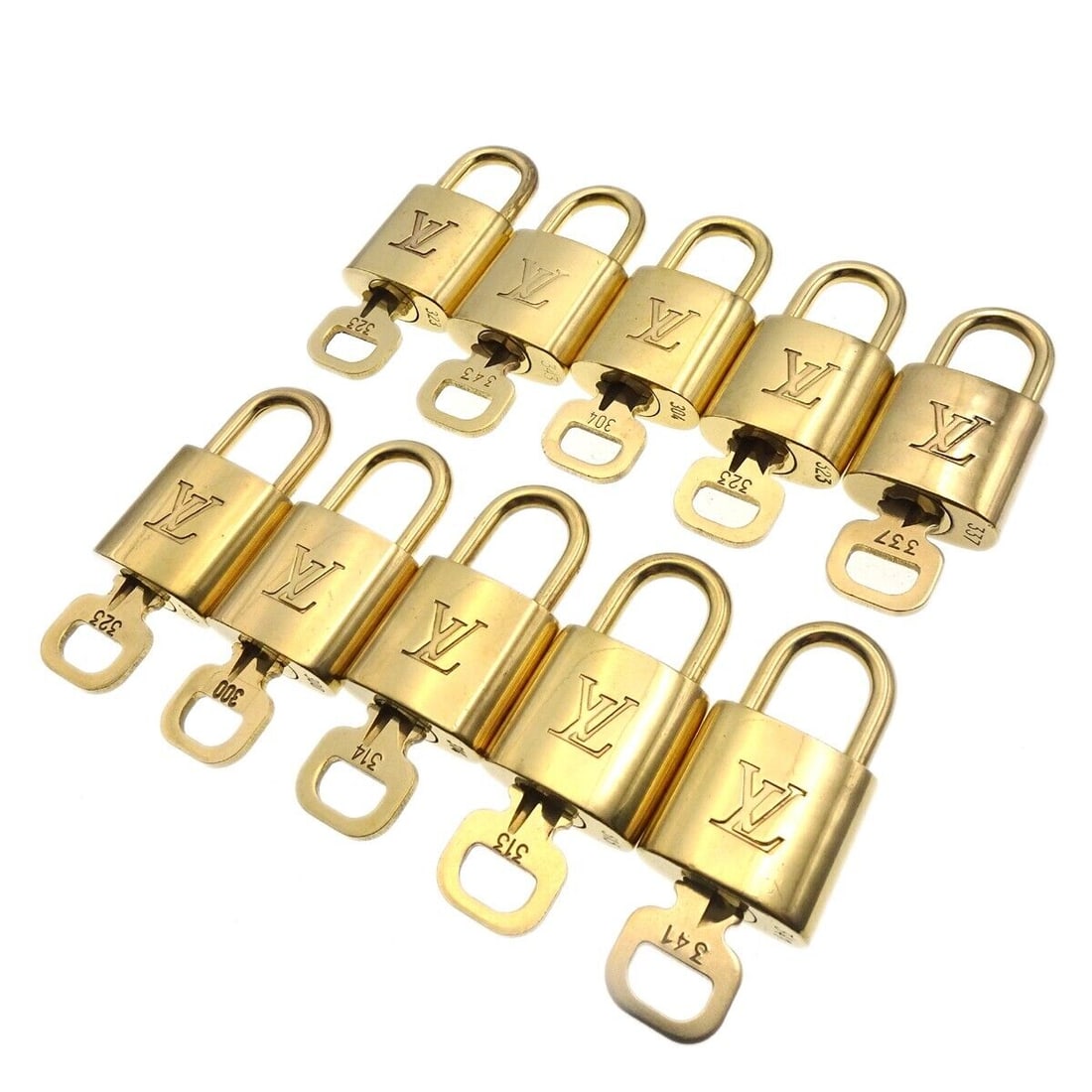 LOUIS VUITTON Padlock & Key Bag Accessories Charm 10 Piece Set Gold: LOUIS VUITTON Padlock & Key Bag Accessories Charm 10 Piece Set Gold Type: Padlock Color: Gold Outside Condition: C: Heavily Used/Inside Condition: C: Heavily Used The BIDHAUS Guarantee: All items in t