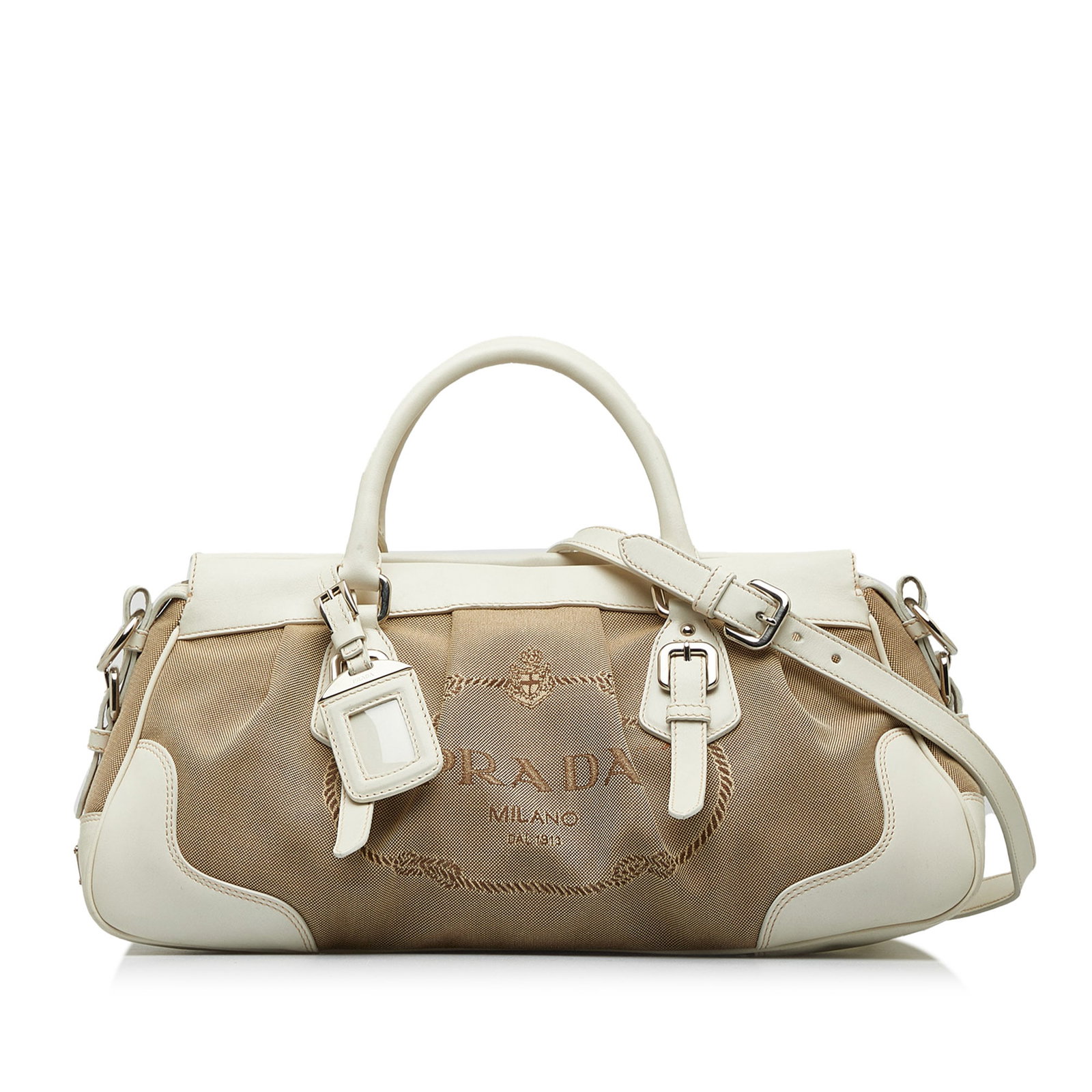 Prada Canapa Logo Satchel: Prada Canapa Logo Satchel This satchel features a canvas body with leather trim rolled leather handles a detachable flat strap a top zip closure and interior zip and slip pockets. Brand: Prada Model: 