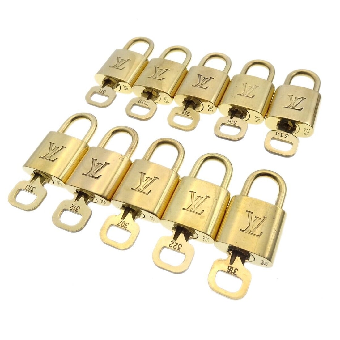 LOUIS VUITTON Padlock & Key Bag Accessories Charm 10 Piece Set Gold: LOUIS VUITTON Padlock & Key Bag Accessories Charm 10 Piece Set Gold Type: Padlock Color: Gold Outside Condition: C: Heavily Used/Inside Condition: C: Heavily Used The BIDHAUS Guarantee: All items in t