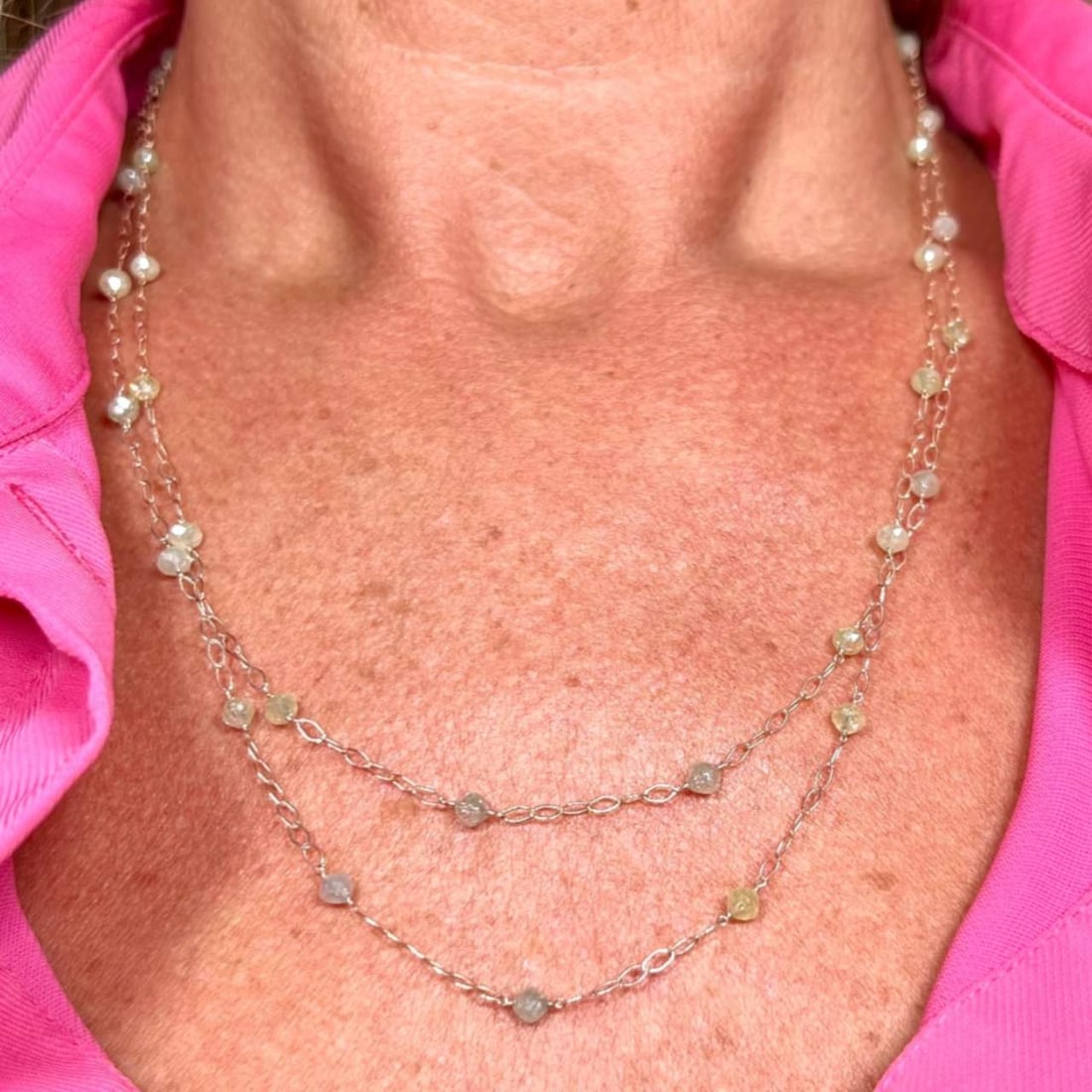 10K Rose Gold 18.59 Ct. Diamond by the Yard Necklace: 10K Rose Gold 18.59 Ct. Diamond by the Yard Necklace 10K Rose Gold 18.59 Ct. Diamond by the Yard Necklace Weighing 5.9 grams Set with 18.59 Ct. of Briolette Diamonds 41 inches in length Metal Color: P