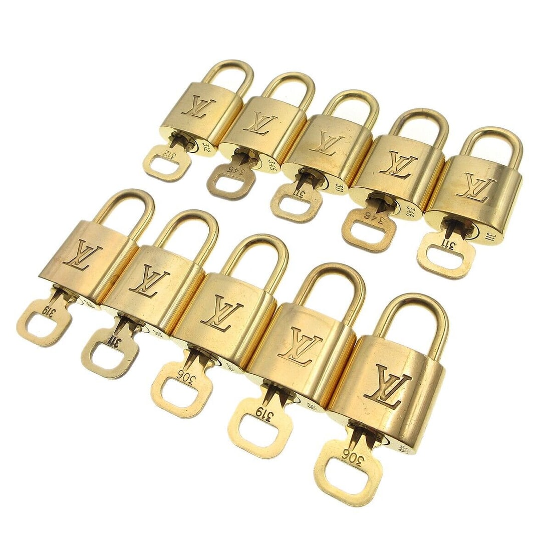 Louis Vuitton Padlock & Key Bag Accessories Charm 10 Piece Set Gold: Louis Vuitton Padlock & Key Bag Accessories Charm 10 Piece Set Gold Type: Padlock Color: Gold Outside Condition: C: Heavily Used/Inside Condition: C: Heavily Used The BIDHAUS Guarantee: All items in t