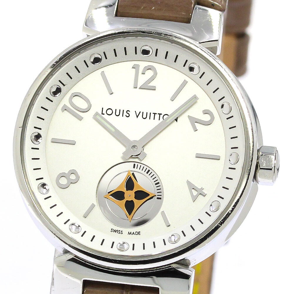 Louis Vuitton Q8J10 Tambour Moonstar Quartz Ladies Watch Pre-Owned: Louis Vuitton Q8J10 Tambour Moonstar Quartz Ladies Watch Pre-Owned Type: wristwatch brandLOUIS VUITTON Model nametambour moonstar sexWomen case materialSS belt materialleather dial colorsilver machine