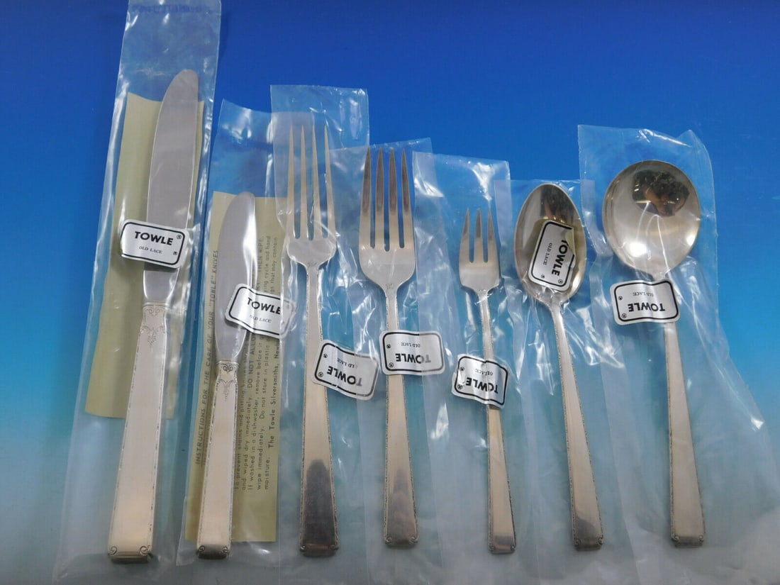 Old Lace by Towle Sterling Silver Flatware Set for 8 Service 62 pieces Unused: Old Lace by Towle Sterling Silver Flatware Set for 8 Service 62 pieces Unused Composition: Sterling Silver Age: Post-1940 Pattern: Old Lace Type: Set Modest in appearance yet stunning inyour hand old 