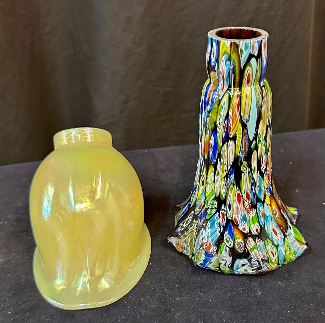 Vintage Art Glass Shades (2): Vintage Art Glass Shades (2) Type: Lamp Shade Number In Pack: 2 Color: Multicolor Material: Glass Vintage: Yes This lot contains two unrelated art glass shades.1. An art glass shade designed for use a