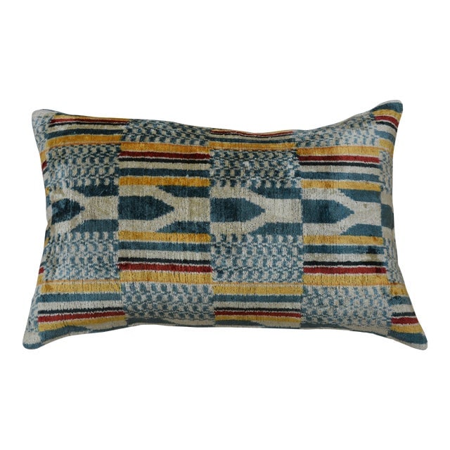Silk Uzbek Ikat Velvet Hand Made Pillow Cushion: Silk Uzbek Ikat Velvet Hand Made Pillow Cushion Silk Uzbek Ikat Velvet Hand Made Pillow Cushion with natural linen backing and hidden zipper. 10/90 down feather insert is included. Dimensions: 24"W x 