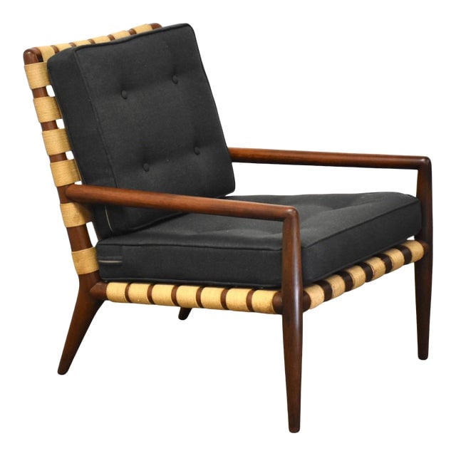 Robsjohn Gibbings for Widdicomb Walnut Lounge Chair: Robsjohn Gibbings for Widdicomb Walnut Lounge Chair A mid century modern walnut frame lounge chair designed by Robsjohn Gibbings for Widdicomb with new charcoal grey fabric. Minor damage to the straps