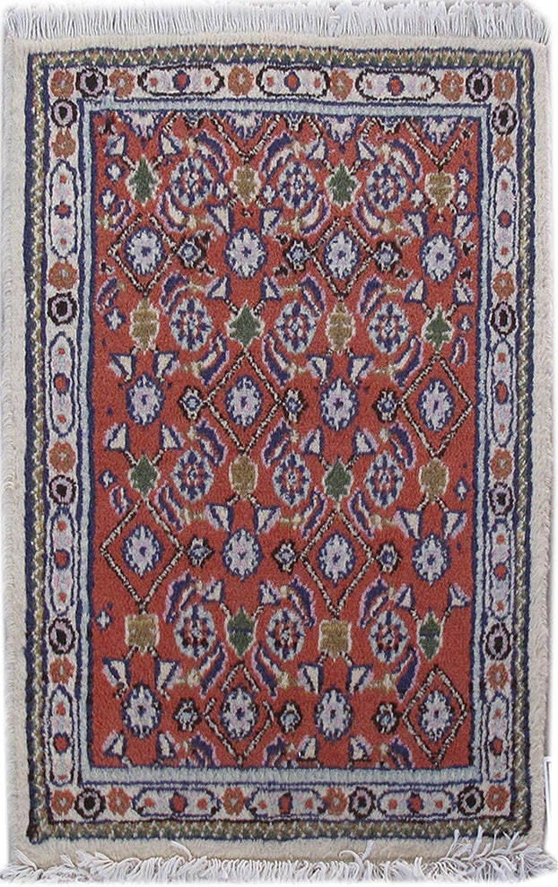 2 x 3 Red Persian Moud Rug: 2 x 3 Red Persian Moud Rug Free continental US Shipping Size in Feet: Width: 2 x Length: 3 Size in Inches: Width: 24 in x Length: 36 in Colors: Red Ivory Weave: 100% Handmade Pile: 3/8 Wool Style: Mou