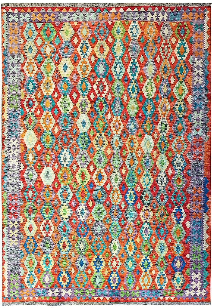 10 x 13 COLORFUL HANDMADE KILIM RUG CORAL: 10 x 13 COLORFUL HANDMADE KILIM RUG CORAL Free continental US Shipping Size in Feet: Width: 9.9 x Length: 13.0 Size in Inches: Width: 117 in x Length: 156 in Rug Type: Area Rug Colors: Coral green Blu