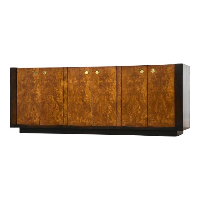 Burl Credenza by Henredon: Burl Credenza by Henredon A mid century modern burl sideboard credenza with brass pulls made by Henredon Furniture. 76" wide. 18" deep. 29.5" tall. Dimensions: 76"W x 18"D x 29.5"H Styles: Mid-Century