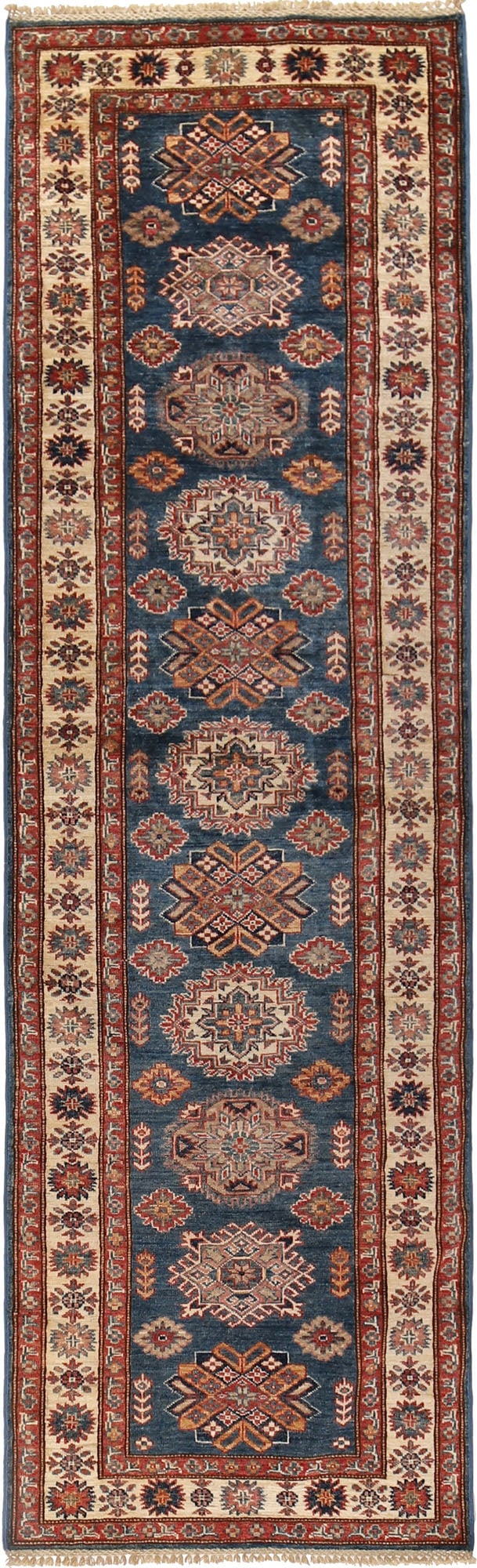 3 x 10 Super Kazak Runner Rug: 3 x 10 Super Kazak Runner Rug Free continental US Shipping Size in Feet: Width: 2.92 x Length: 9.83 Size in Inches: Width: 35 in x Length: 118 in Colors: Blue Weave: Hand-knotted Material: Wool Patter