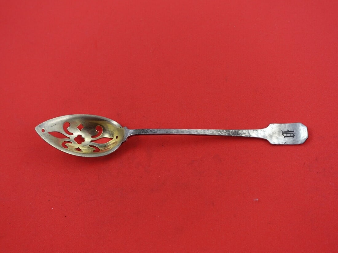 Norman Hammered by Shreve Sterling Silver Olive Spoon gold-wash with Monogram 6": Norman Hammered by Shreve Sterling Silver Olive Spoon gold-wash with Monogram 6" Pattern: Norman Hammered Composition: Sterling Silver Type: Serving Spoon Maker: Shreve Age: 1900-1940 Norman hammered