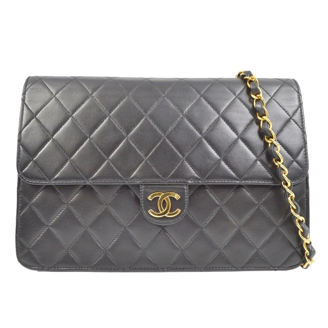 Chanel Black Lambskin Pushlock Medium Half Flap Shoulder Bag: Chanel Black Lambskin Pushlock Medium Half Flap Shoulder Bag Bag Width: 10 in Closure: Turn Lock Bag Height: 7 in Handle/Strap Color: Black Size: Medium Handle Style: Crossbody Strap Lining Material: