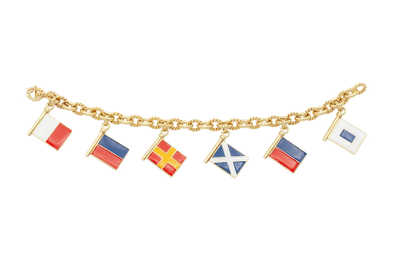 Hermes Nautical Flags Charm Bracelet: Hermes Nautical Flags Charm Bracelet Finely crafted in 18K yellow gold with enamel charms representing nautical flags which spell out Hermes.Signed by HermesSize 7 The BIDHAUS Guarantee: All items in