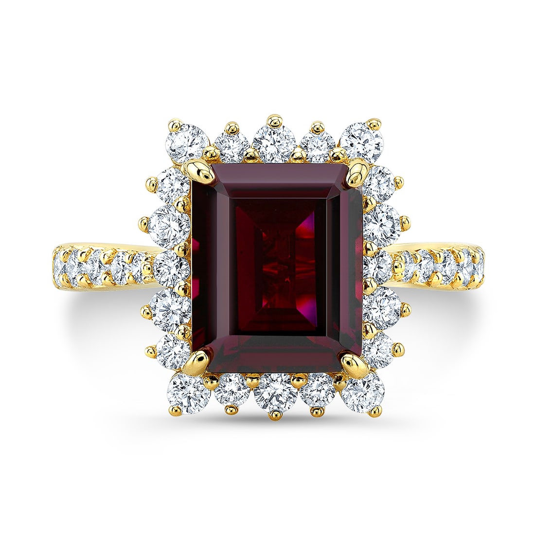 Rhodolite Garnet And Diamond Octagon Ring With Prong-set Frame And Tapered Shank In 14k Yellow Gold: Rhodolite Garnet And Diamond Octagon Ring With Prong-set Frame And Tapered Shank In 14k Yellow Gold (10x8mm) Beautiful Octagon Prong-set Frame Ring With Tapered Shank Showcases A 10x8mm Rhodolite Garn