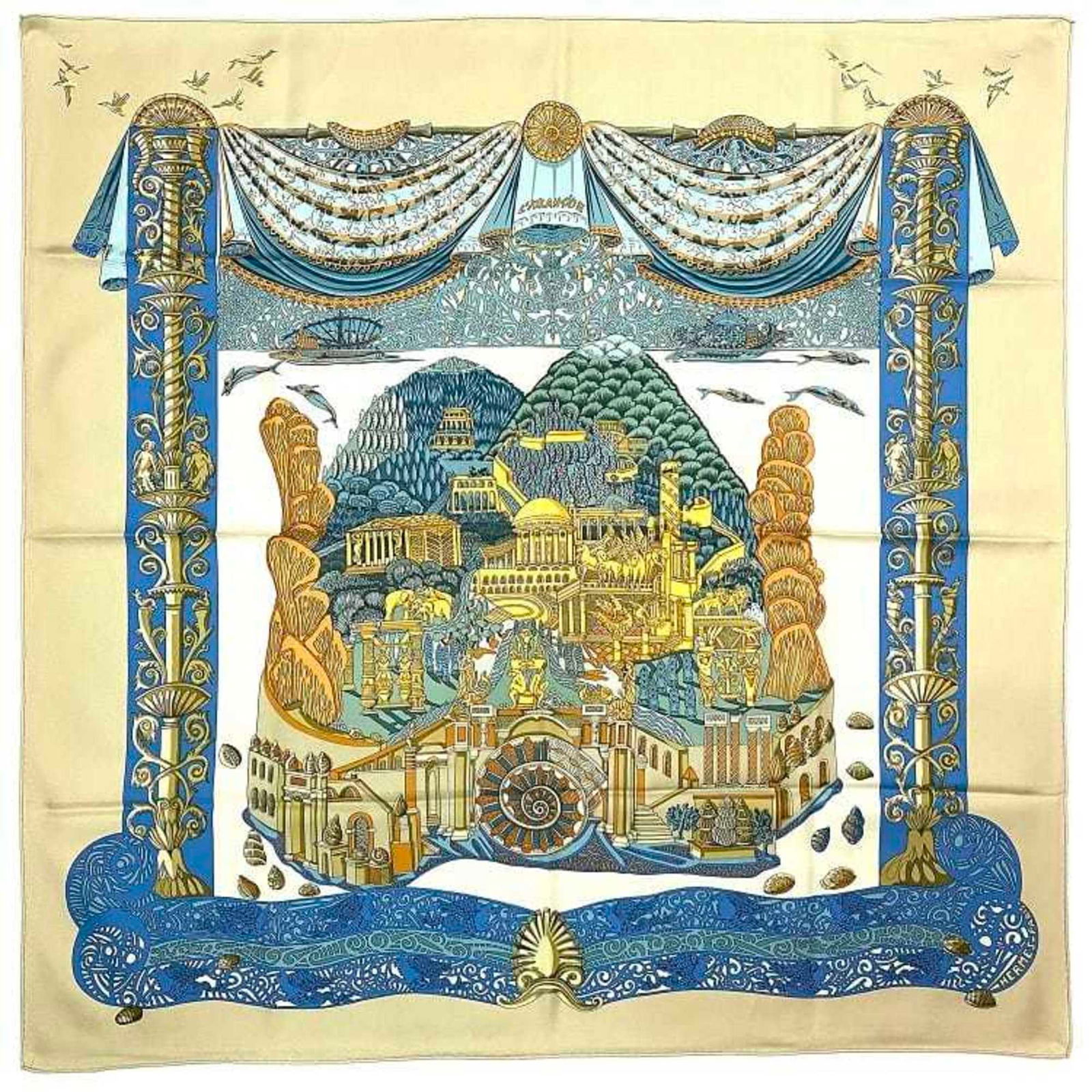 Hermes Scarf Muffler Carre 90 Beige Blue 100% Silk HERMES L'ATLANTIDE Ladies: Hermes Scarf Muffler Carre 90 Beige Blue 100% Silk HERMES L'ATLANTIDE Ladies Brand: Hermes Model: ec-17085 Type: Scarf Gender: Women Color: Beige Blue Material: Silk100% Silk: 100% Size (LxW): 89cm x