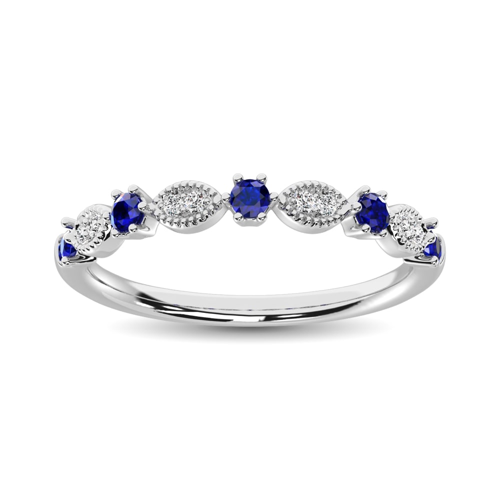 Diamond 1/3 Ct.Tw. And Blue Sapphire Stack Band in 14K White Gold ( 8 Diamond and 5 Blue Sapphire ): Diamond 1/3 Ct.Tw. And Blue Sapphire Stack Band in 14K White Gold ( 8 Diamond and 5 Blue Sapphire ) Metal: 14k White Gold Sizes Avilable: 4,5,6,7,8,9 Stone Count: 13.0 Stone Shape: Round Stone Type: D