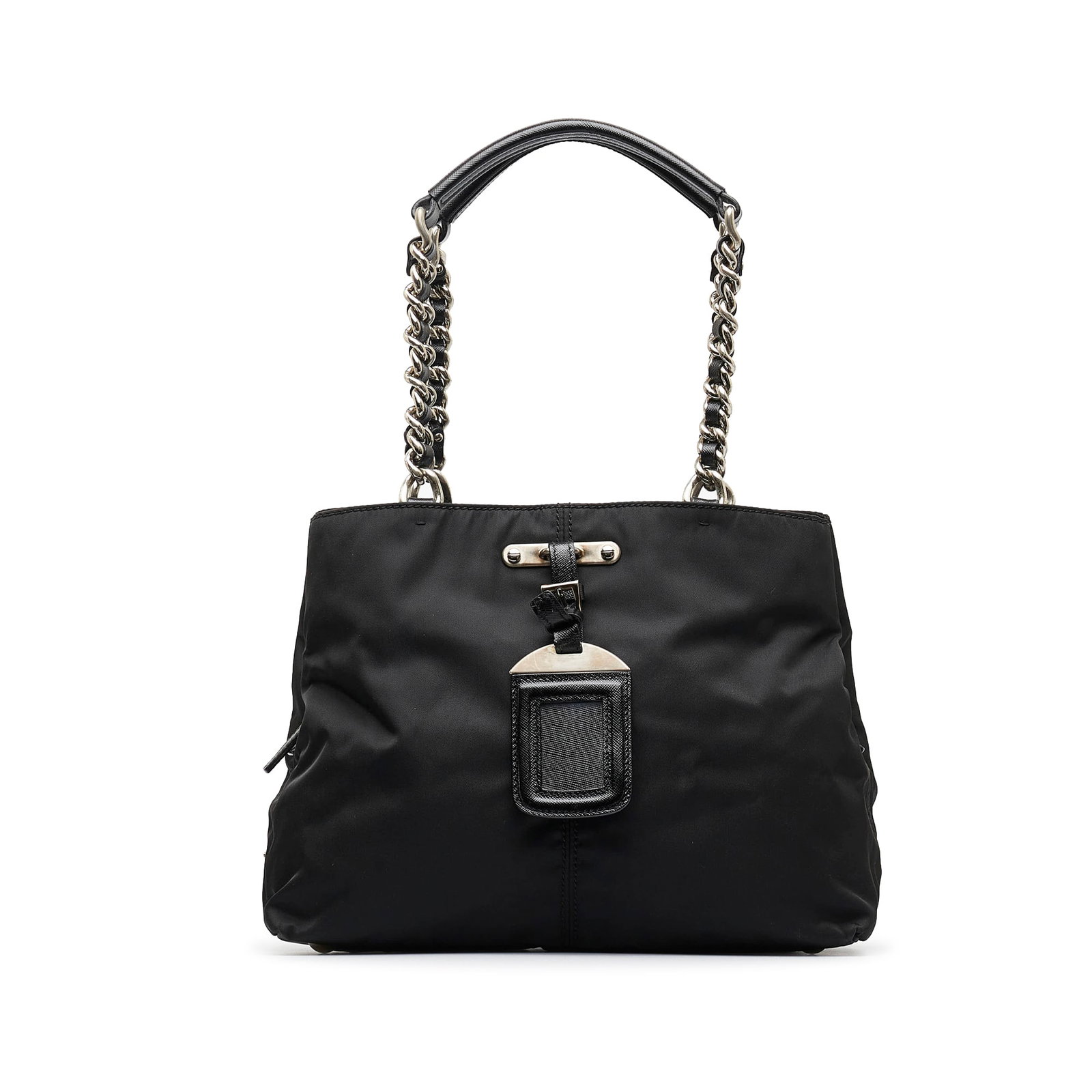 Prada Tessuto Chain Shoulder Bag: Prada Tessuto Chain Shoulder Bag This shoulder bag features a nylon body silver-tone shoulder straps with leather guard a top zip closure and an interior zip pocket. Brand: Prada Model: Tessuto Chain 