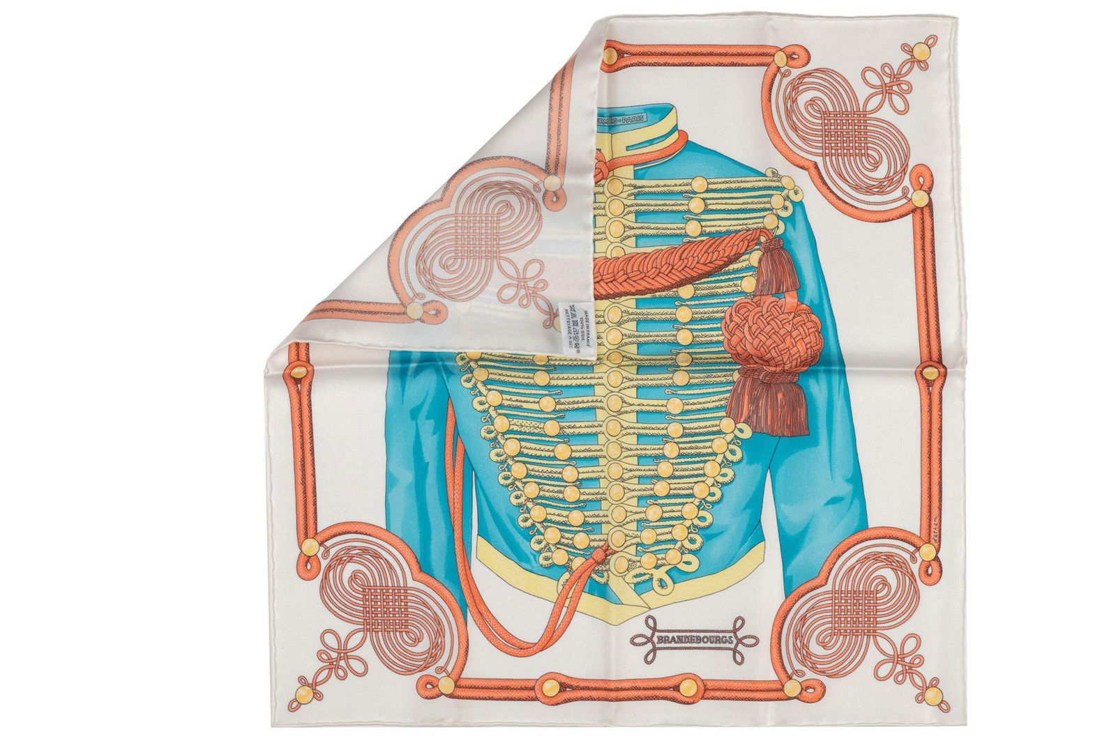 Hermes NIB White Brandeburg Silk Scarf: Hermes NIB White Brandeburg Silk Scarf Designer: Hermes Dimensions: Height: 17 in (43.18 cm)Length: 17 in (43.18 cm) Place of Origin: France Period: 21st Century Pre-Owned The BIDHAUS Guarantee: All i