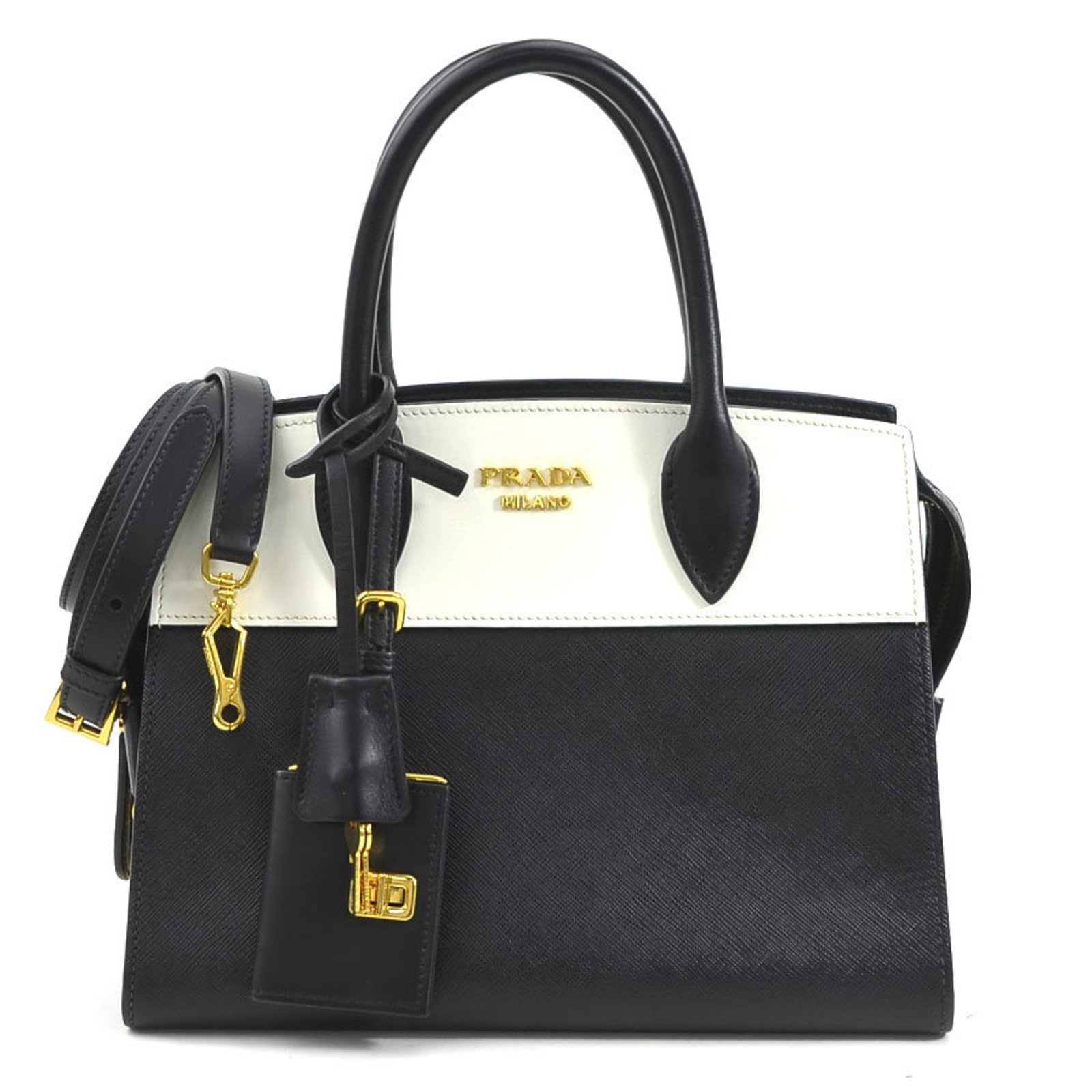 PRADA Handbag Shoulder Bag Esplanade Leather Black/White Gold Ladies: PRADA Handbag Shoulder Bag Esplanade Leather Black/White Gold Ladies Brand: Prada Country of Origin: Italy Type: Handbag Shoulder bag Material: Leather Leather: Color: Black White Outer Pocket: Zipper