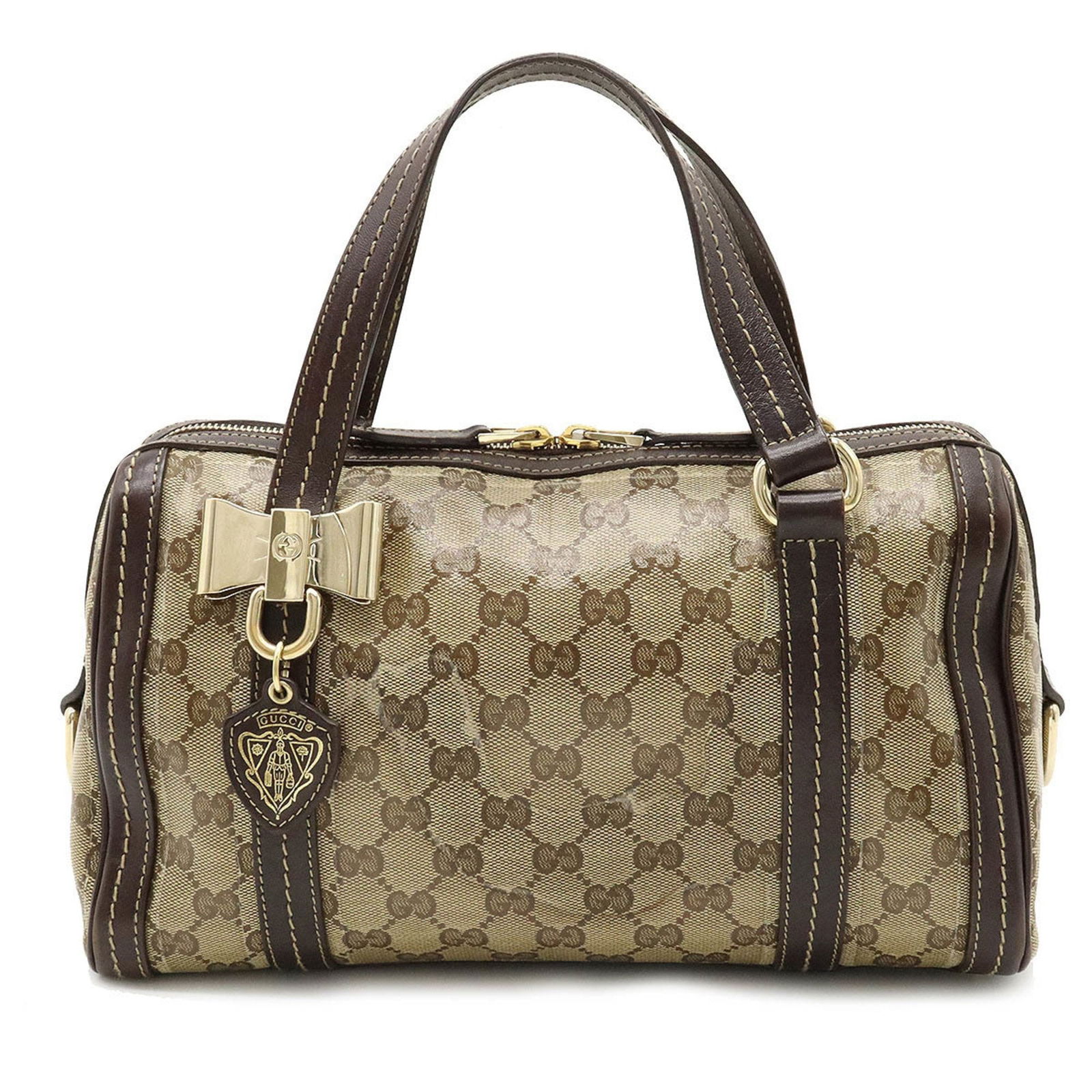GUCCI Gucci GG Crystal Dussaline Ribbon Handbag Boston Bag Khaki Beige Dark Brown 181487: GUCCI Gucci GG Crystal Dussaline Ribbon Handbag Boston Bag Khaki Beige Dark Brown 181487 Brand: Gucci Line: GG Crystal Model: 181487 Type: Boston bag Handbag Material: Coated canvas Leather Coated can