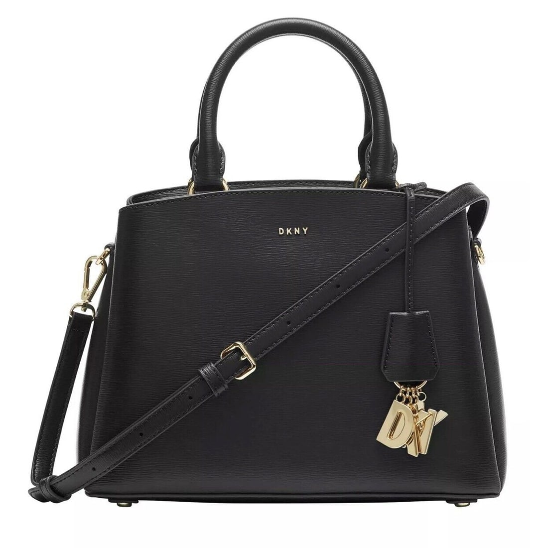 DKNY Paige Medium Satchel With Convertible Strap Black Smooth Leather: DKNY Paige Medium Satchel With Convertible Strap Black Smooth Leather Exterior Material: Leather Style: Satchel/Top Handle Bag Exterior Color: Black Bag Width: 11 in Pattern: Solid Shape: Square Closu