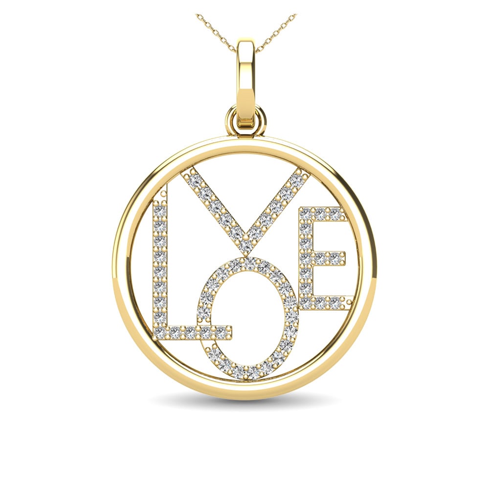10K Yellow Gold 1/10 Ct.Tw. Diamond Accent LOVE Pendant: 10K Yellow Gold 1/10 Ct.Tw. Diamond Accent LOVE Pendant This stunning pendant is available in 10K Yellow Gold. There are 56 round diamonds with a total carat weight of 1/10 ct set in a Prong setting.