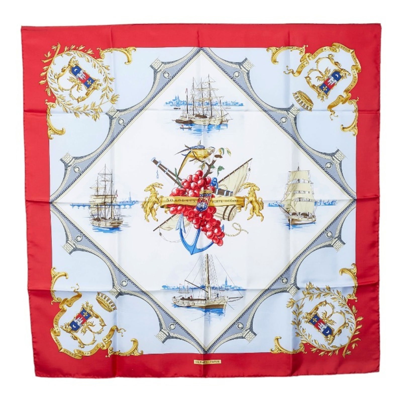 Hermes Carre 90 BORDEAUX PORTE OCEANE Entrance of Bordeaux France Scarf Muffler Red Multicolor Silk: Hermes Carre 90 BORDEAUX PORTE OCEANE Entrance of Bordeaux France Scarf Muffler Red Multicolor Silk Women's HERMES Brand: Hermes Type: Scarf Gender: Women Color: Multi-color Red color Material: Silk S