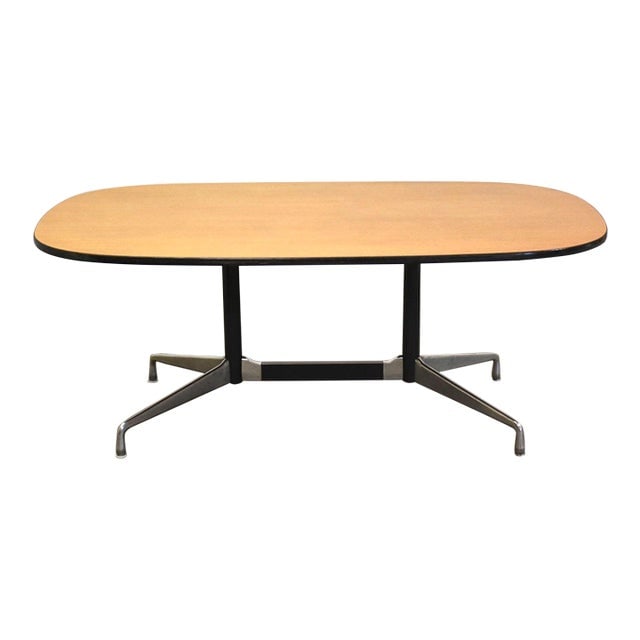 Eames for Herman Miller Oak Dining Table: Eames for Herman Miller Oak Dining Table A mid century modern oak aluminum group dining table designed by Charles and Ray Eames for Herman Miller. Professionally refinished. 72" wide. 41.875" deep. 28