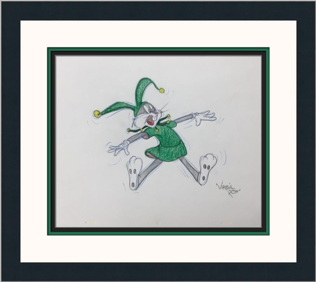 Virgil Ross Original Signed Model Sheet Drawing Bugs Bunny Jester Custom Framed: Virgil Ross Original Signed Model Sheet Drawing Bugs Bunny Jester Custom Framed Animation Studio: Warner Bros Character: Bugs Bunny Court Jester Bugs Signed By: Virgil Ross Tradition: Western Animatio
