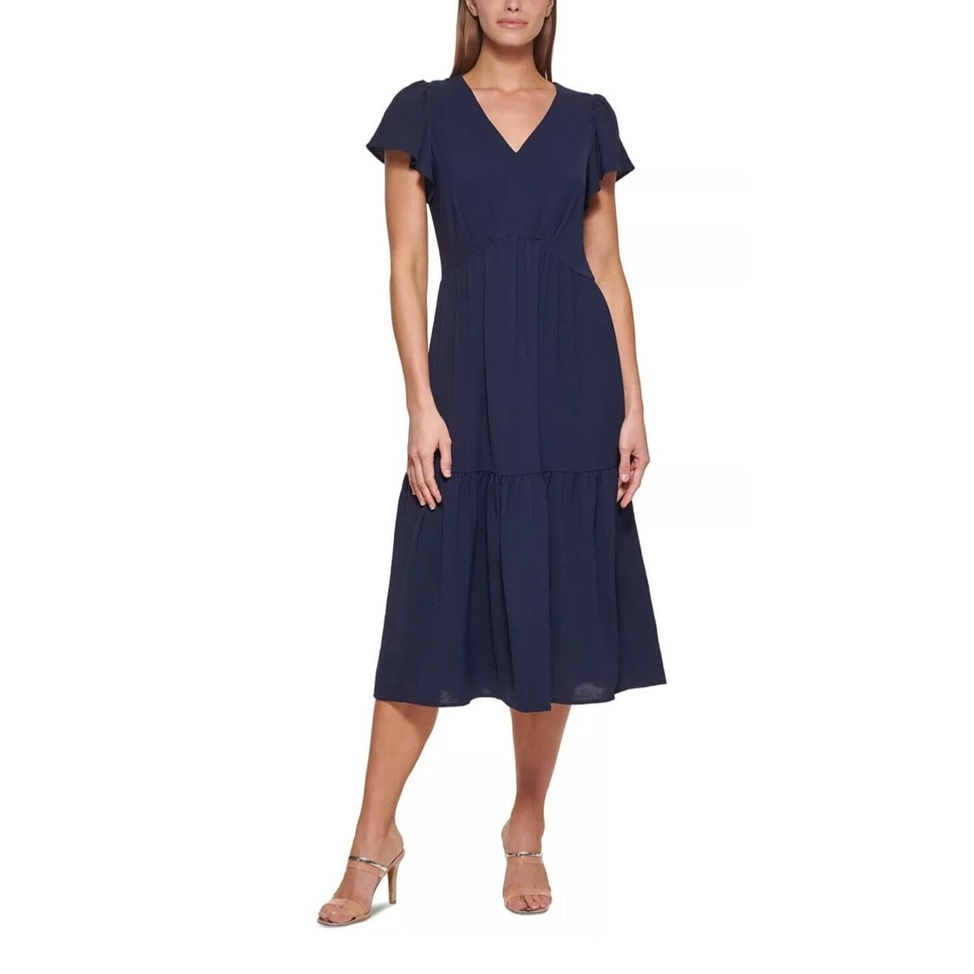 DKNY Women's Tiered Midi Dress Flutter Sleeves Navy: DKNY Women's Tiered Midi Dress Flutter Sleeves Navy Pre-Owned The BIDHAUS Guarantee: All items in this auction are guaranteed to be 100% authentic. At Your Service: At BIDHAUS, our Customer Support Sp