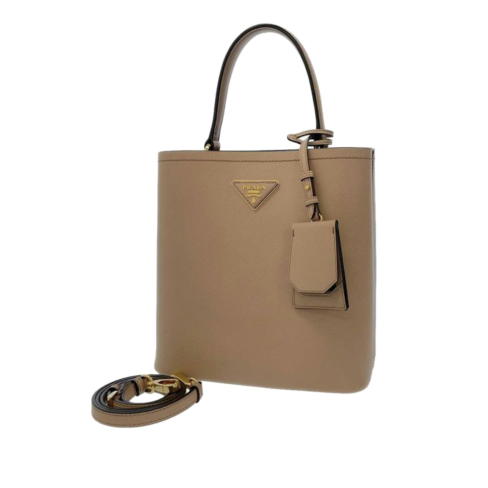 Prada Medium Saffiano Cuir Panier Double Satchel: Prada Medium Saffiano Cuir Panier Double Satchel This satchel features a saffiano leather body rolled leather handles a detachable flat leather strap and an open top with side snap button closures. Br