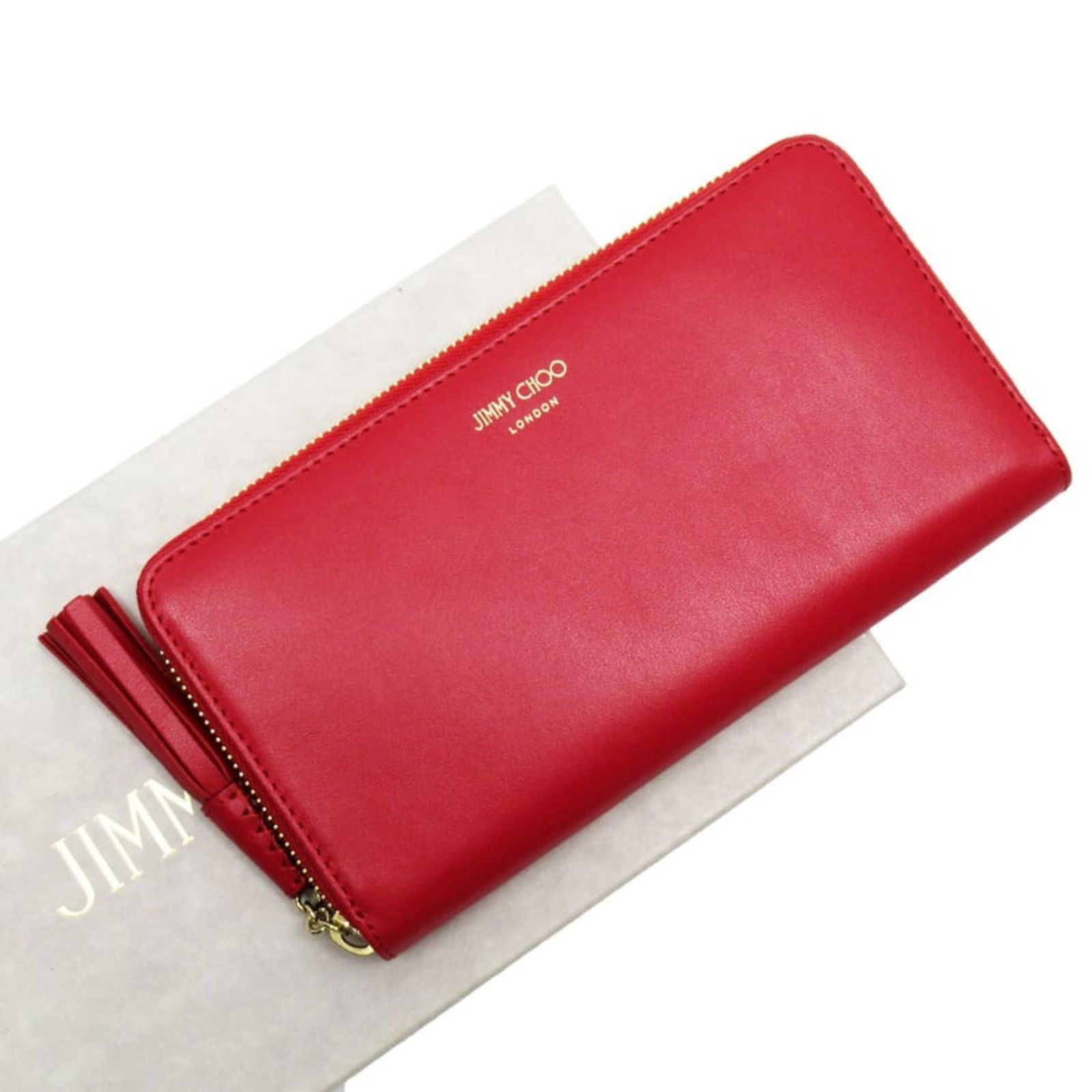 Jimmy Choo JIMMY CHOO round long wallet red x gold leather: Jimmy Choo JIMMY CHOO round long wallet red x gold leather Brand: Jimmy Choo Type: Wallet (bi-fold) Material: Leather Leather: Color: Red color Closure: Zipper Size (HxWxD): 10.5cm x 19cm x 2.5cm / 4.
