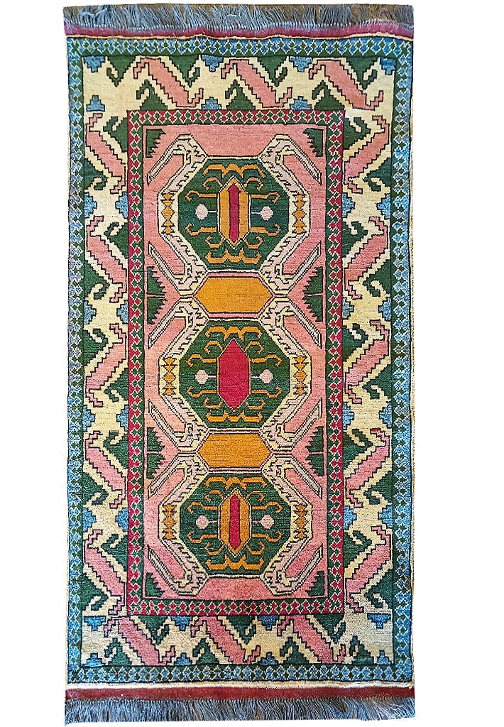 Colorful Afghan Kazak Rug Wool on Wool: Colorful Afghan Kazak Rug Wool on Wool Free continental US Shipping Size in Feet: Width: 2.9 x Length: 4.6 Size in Inches: Width: 33 in x Length: 54 in Rug Type: Area Rug Colors: Salmon Pink Beige Wea