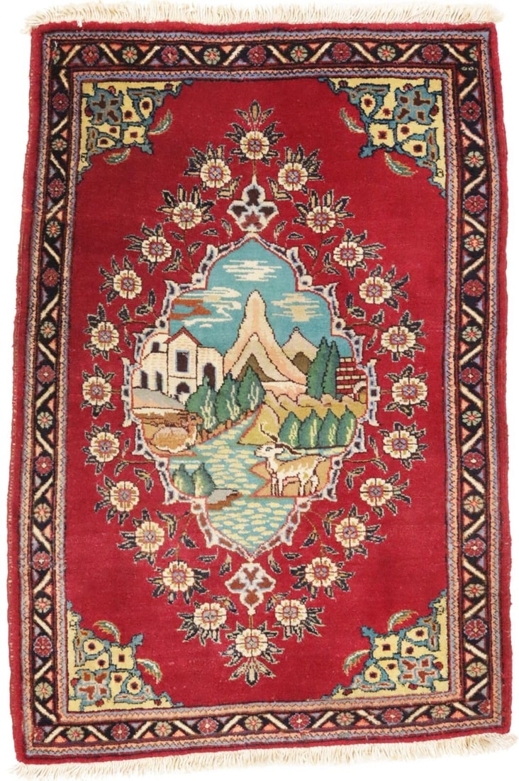 One of a Kind Pictorial Handmade 27X42 Small Vintage Oriental Rug Decor Carpet: One of a Kind Pictorial Handmade 27X42 Small Vintage Oriental Rug Decor Carpet Free continental US Shipping Type: Area Rugs Color: Red Charcoal Cream Green Blue Light Peach etc Size: 2"7 x 4"2 Ft Prod
