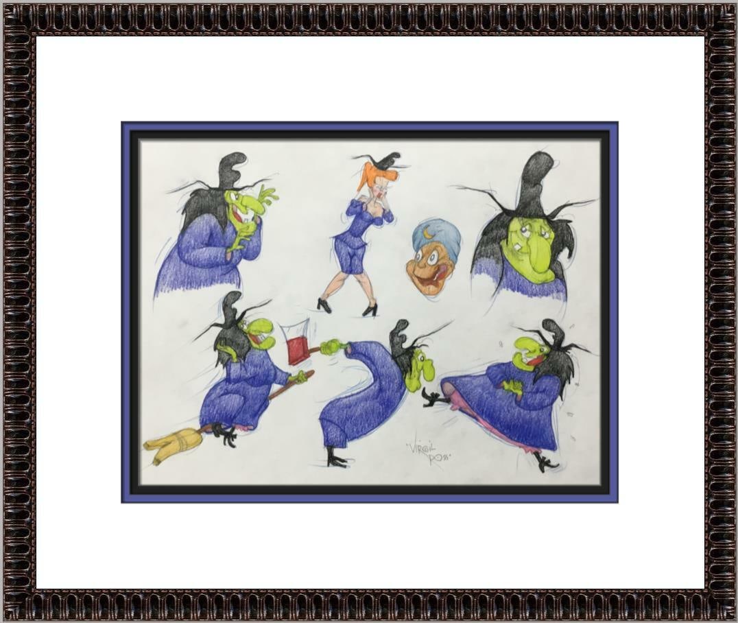 Virgil Ross Original Signed Model Sheet Drawing Witch Hazel Custom Framed I: Virgil Ross Original Signed Model Sheet Drawing Witch Hazel Custom Framed I Animation Studio: Warner Bros Character: Witch Hazel Signed By: Virgil Ross Tradition: Western Animation Signed: Yes Title: 