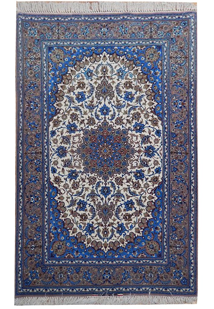 4 x 5 SIGNED Wool & Silk Persian Isfahan Rug 500KPSI: 4 x 5 SIGNED Wool & Silk Persian Isfahan Rug 500KPSI Free continental US Shipping Size in Feet: Width: 3.8 x Length: 5.5 Size in Inches: Width: 44 in x Length: 65 in Rug Type: Area Rug Colors: Ivory b