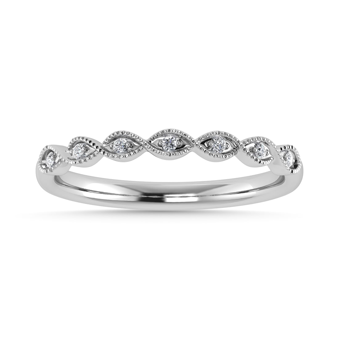 Diamond 1/20 Ct.Tw. Stack Band in 10K White Gold: Diamond 1/20 Ct.Tw. Stack Band in 10K White Gold Metal: 10k White Gold Sizes Avilable: 4,5,6,7,8,9 Stone Count: 7.0 Stone Shape: Round Stone Type: Diamond Stone Color: G-h Stone Clarity: I1 Stone Weig