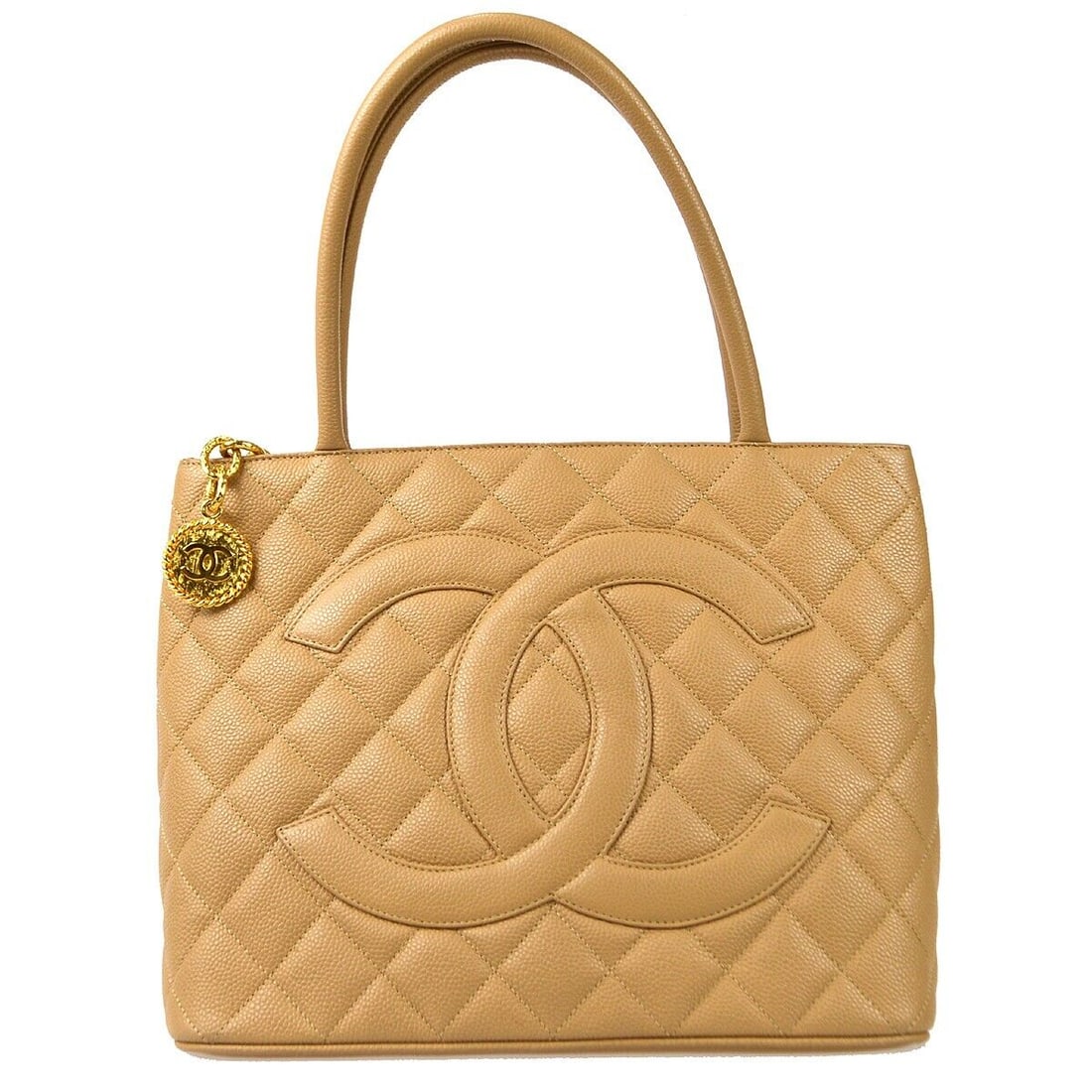 Chanel Medallion Quilted Tote Handbag Purse Beige Caviar Skin: Chanel Medallion Quilted Tote Handbag Purse Beige Caviar Skin Bag Width: 12 in Pattern: Matelasse Bag Height: 9 in Closure: Zipper Occasion: Casual Handle/Strap Color: Beige Size: Medium Handle Style: