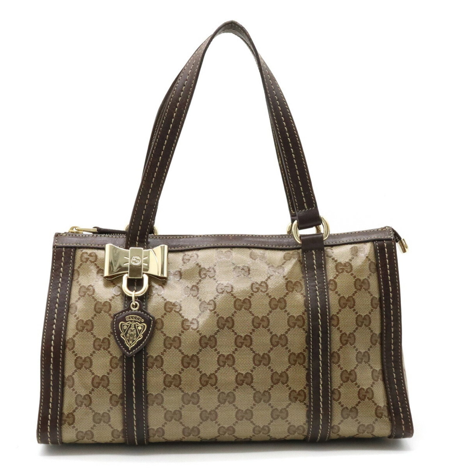 GUCCI GG Crystal Ribbon Motif Tote Bag Handbag Coated Canvas Khaki Beige Dark Brown 181490: GUCCI GG Crystal Ribbon Motif Tote Bag Handbag Coated Canvas Khaki Beige Dark Brown 181490 Brand: Gucci Line: GG Crystal Model: 181490 Type: Handbag Tote bag Material: GG Crystal Leather GG Crystal: L