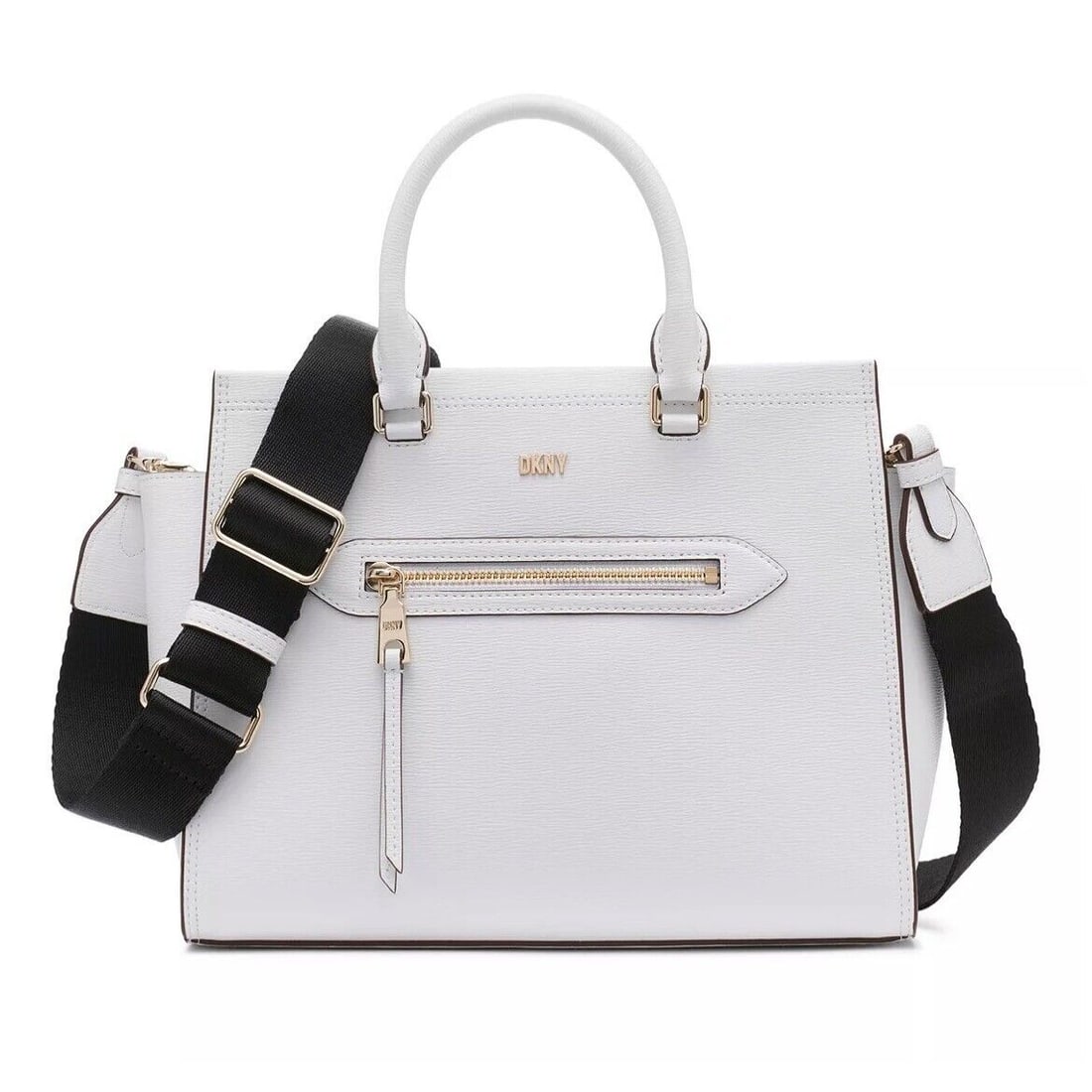 DKNY Chelsea Web Strap Satchel Optic: DKNY Chelsea Web Strap Satchel Optic Bag Width: 12 in Pattern: Web Character: Chelsea Closure: Zip Bag Height: 9 in Handle/Strap Color: White Size: Medium Bag Depth: 5 in Exterior Material: Faux Leath