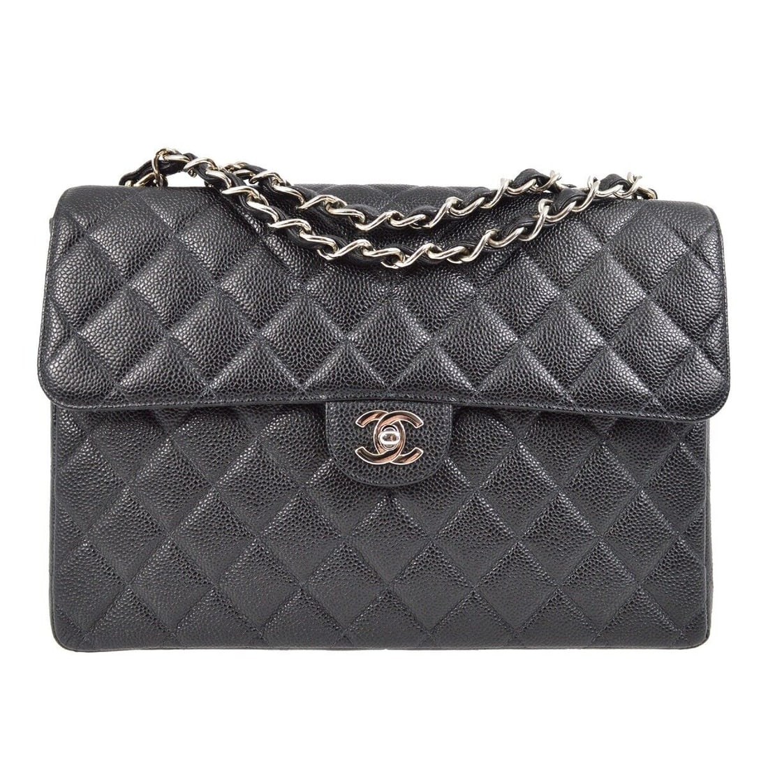Chanel Black Caviar Jumbo Classic Flap Shoulder Bag: Chanel Black Caviar Jumbo Classic Flap Shoulder Bag Bag Width: 11.8 Pattern: Matelasse Bag Height: 8.7 Closure: Flap Turnlock Occasion: Casual Size: Large Handle Style: Shoulder Strap Lining Material: