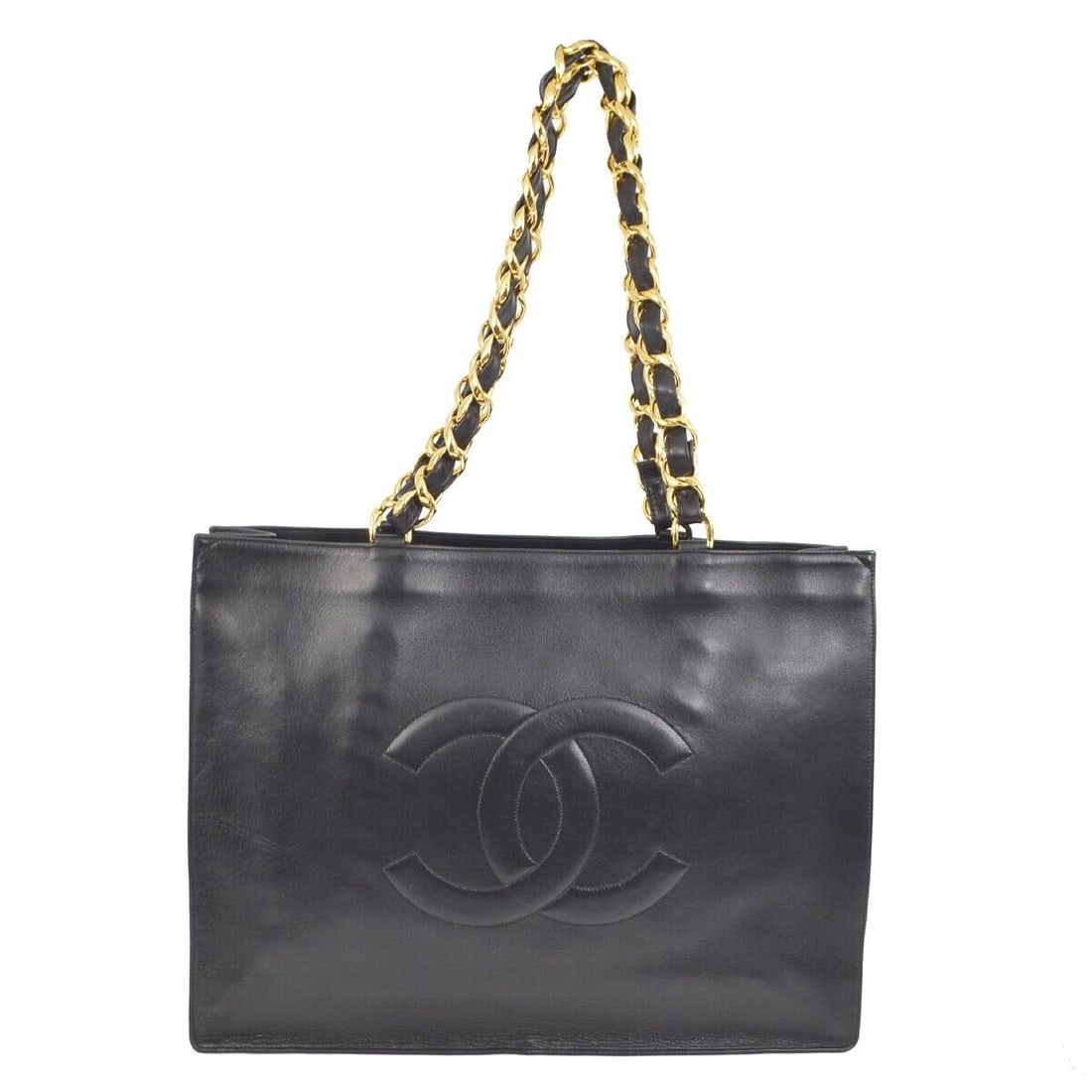 Chanel Black Lambskin Chain Shoulder Tote Bag: Chanel Black Lambskin Chain Shoulder Tote Bag Bag Width: 16.3 Pattern: Jumbo CC Bag Height: 12.2 Closure: Open Occasion: Casual Size: Large Handle Style: Double Handles Lining Material: Leather Bag De