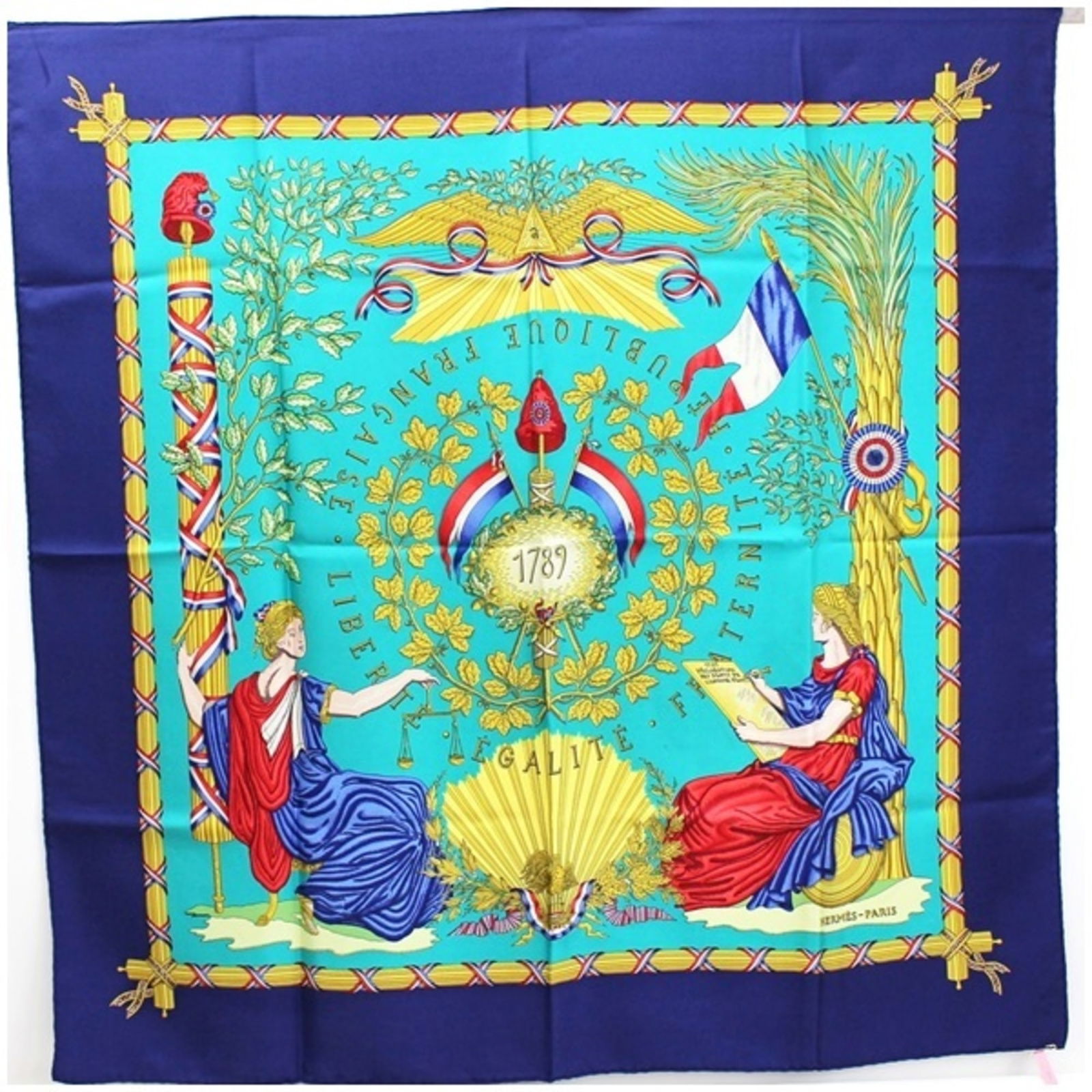 Hermes Scarf Muffler Carre 90 "LIBERTE EGALITE FRATERNITE REPUBLIQUE FRANCAISE 1789" To commemorate: Hermes Scarf Muffler Carre 90 "LIBERTE EGALITE FRATERNITE REPUBLIQUE FRANCAISE 1789" To commemorate the French Revolution of 1789 Green x Navy HERMES Ladies Brand: Hermes Type: Scarf Gender: Women Col