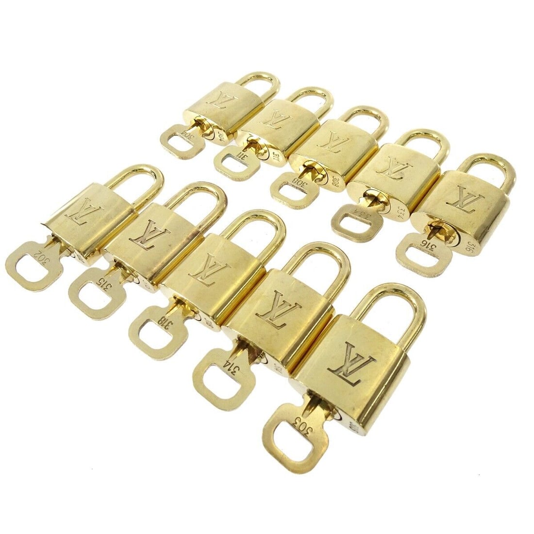 LOUIS VUITTON Padlock & Key Bag Accessories Charm 10 Piece Set Gold: LOUIS VUITTON Padlock & Key Bag Accessories Charm 10 Piece Set Gold Type: Padlock Color: Gold Outside Condition: AB: Very Good/Inside Condition: C: Heavily Used The BIDHAUS Guarantee: All items in thi