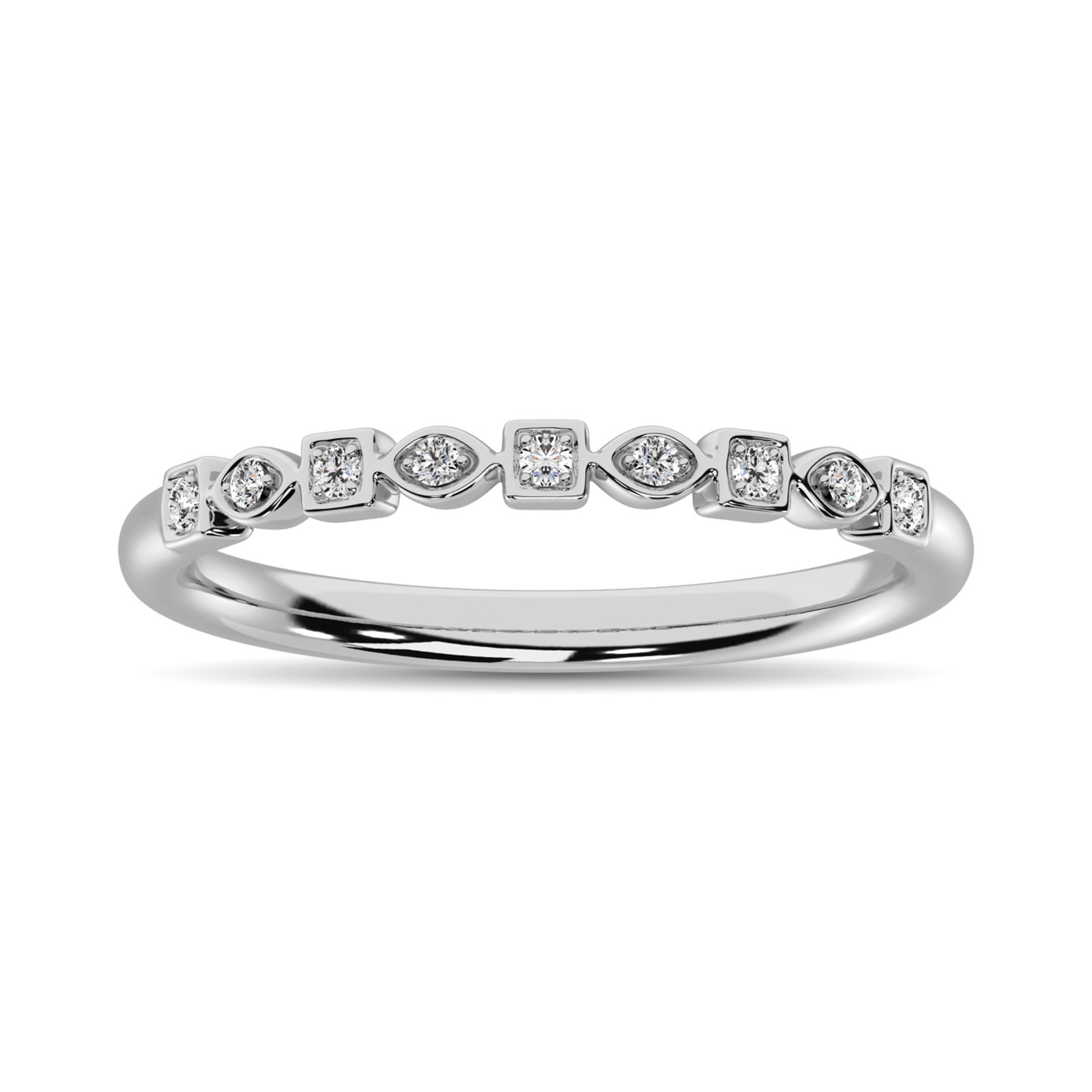 Diamond 1/20 Ct.Tw. Stack Band in 10K White Gold: Diamond 1/20 Ct.Tw. Stack Band in 10K White Gold Metal: 10k White Gold Sizes Avilable: 4,5,6,7,8,9 Stone Count: 9.0 Stone Shape: Round Stone Type: Diamond Stone Color: G-h Stone Clarity: Si3 Stone Wei