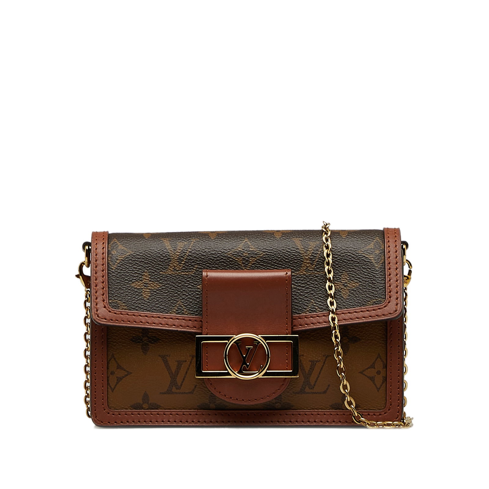 Louis Vuitton Monogram Reverse Dauphine Wallet on Chain: Louis Vuitton Monogram Reverse Dauphine Wallet on Chain The Dauphine Wallet on Chain features a monogram reverse canvas body a flat leather strap a front flap with magnetic closure and interior zip an