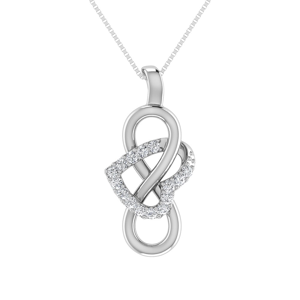 10K White Gold 1/8 Ct.Tw. Diamond Heart & Infinity Pendant: 10K White Gold 1/8 Ct.Tw. Diamond Heart & Infinity Pendant Metal: 10k White Gold Stone Count: 15.0 Stone Shape: Round Stone Type: Diamond Stone Color: G-h Stone Clarity: I2-i3 Stone Weight (Carat): 0.