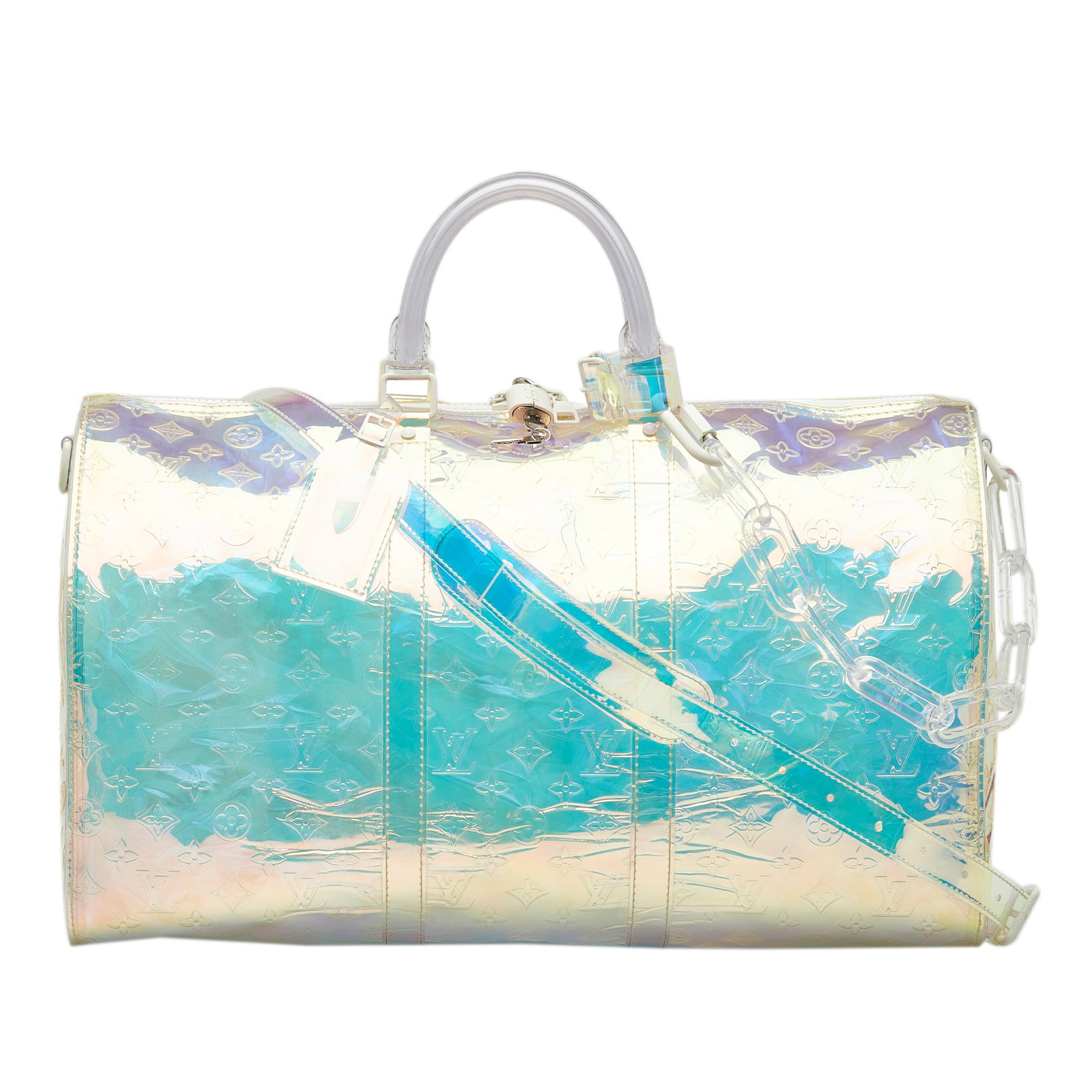 Louis Vuitton Monogram Prism Keepall Bandouliere 50: Louis Vuitton Monogram Prism Keepall Bandouliere 50 The Prism Keepall Bandouliere 50 features a PVC body rolled top handles a detachable and adjustable flat shoulder strap and a top zip closure. Brand