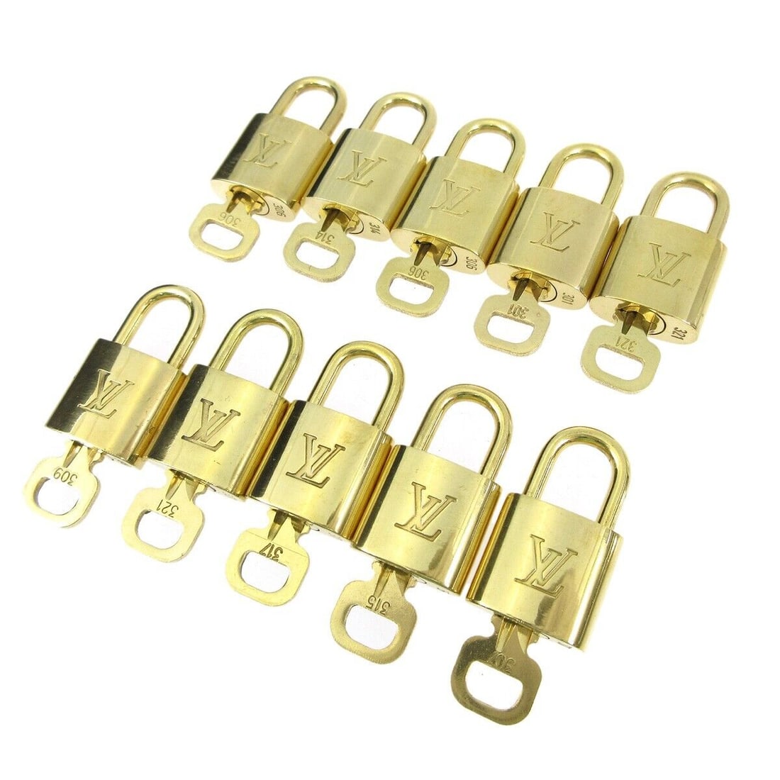 LOUIS VUITTON Padlock & Key Bag Accessories Charm 10 Piece Set Gold: LOUIS VUITTON Padlock & Key Bag Accessories Charm 10 Piece Set Gold Type: Padlock Color: Gold Outside Condition: AB: Very Good/Inside Condition: C: Heavily Used The BIDHAUS Guarantee: All items in thi