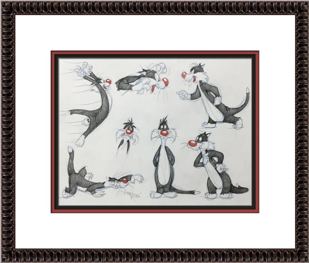 Virgil Ross Original Signed Model Sheet Drawing Sylvester The Cat Framed I: Virgil Ross Original Signed Model Sheet Drawing Sylvester The Cat Framed I Animation Studio: Warner Bros Signed By: Virgil Ross Character: Sylvester Tradition: Western Animation Signed: Yes Title: Loo